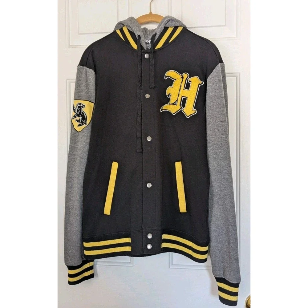 Harry Potter Hufflepuff Varsity Jacket Unisex Small Hooded Black Yellow Pockets